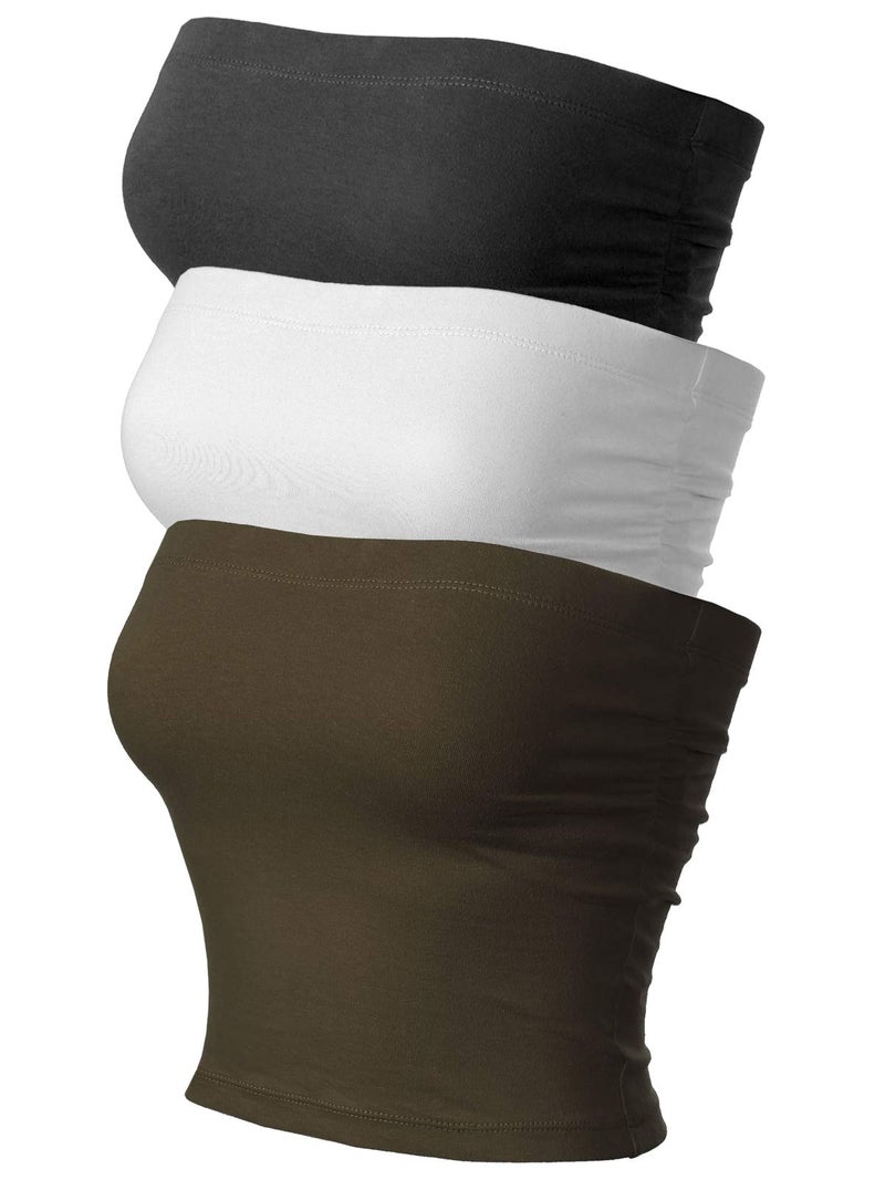 MixMatchy Women's Solid Casual Summer Side Shirring Scrunched Double Layered Tube Top 3PACK - Black/White/Dark Olive M - Image 1
